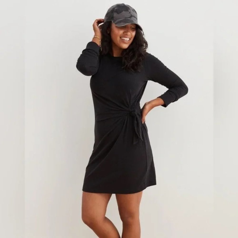 aerie Black Long Sleeve Side-Tie Dress